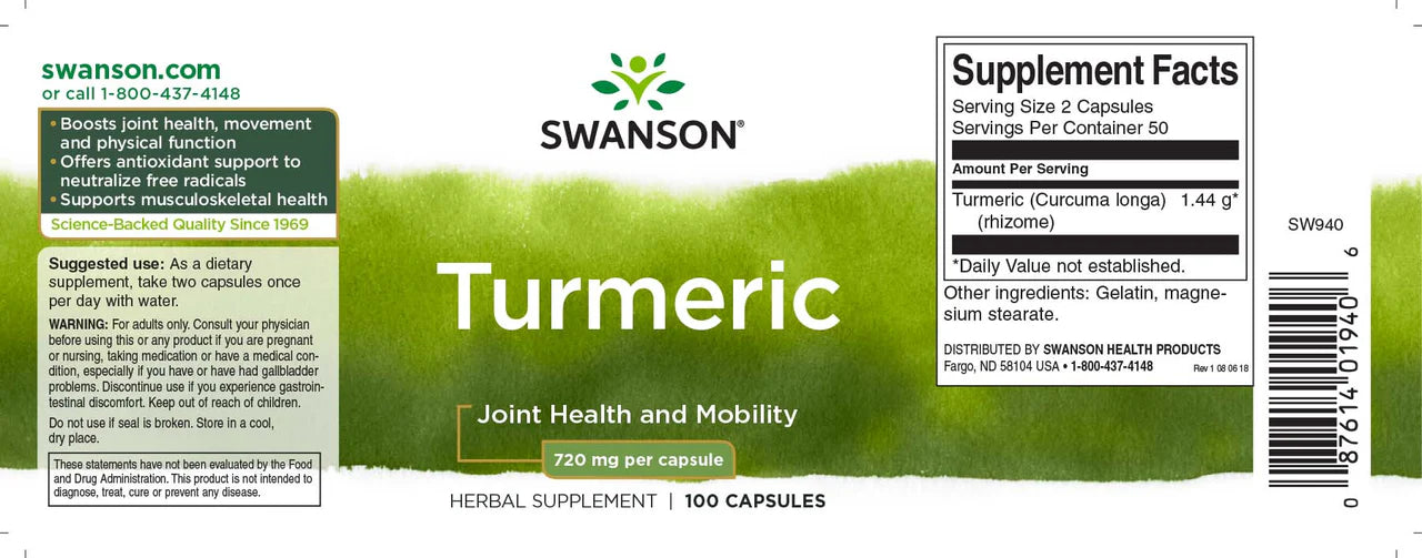Swanson Full Spectrum Turmeric 720mg 100 capsules label