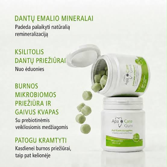 ApaCare Gum kramtomoji guma su ksilitoliu ir dantų emalio mineralais, mėtų skonio, 45 vnt. (86 g)