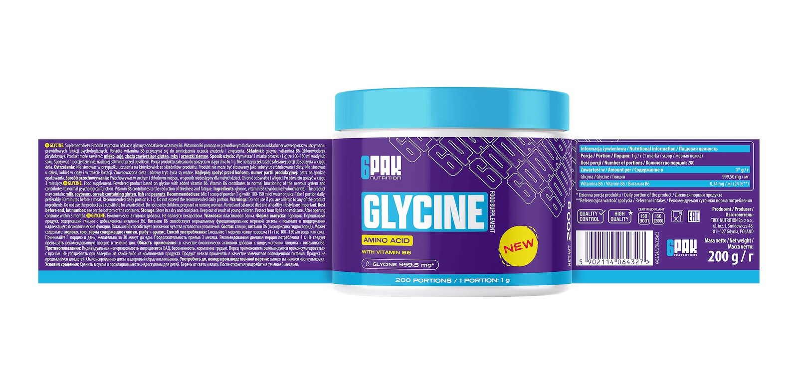 6PAK GLYCINE 200g JAR label
