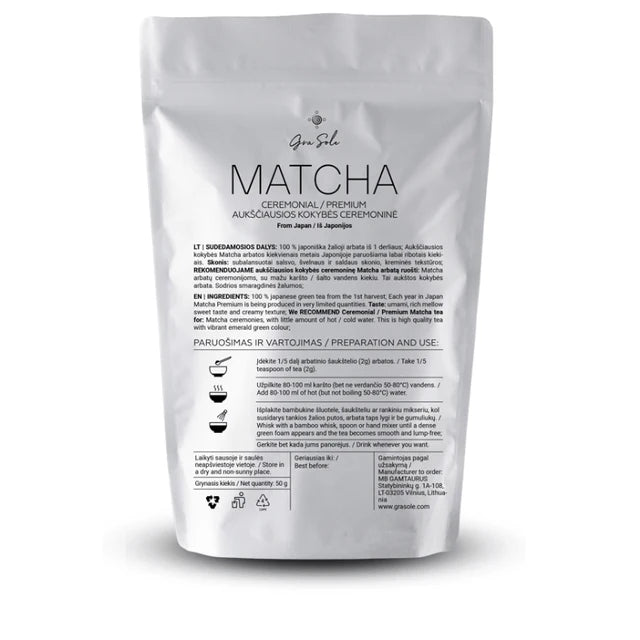 GraSole Matcha Ceremonial Premium arbata iš Japonijos 50 g sudetis