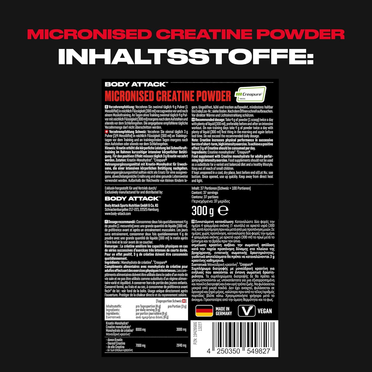 BODY ATTACK Creatine Powder Creapure® – 300 g