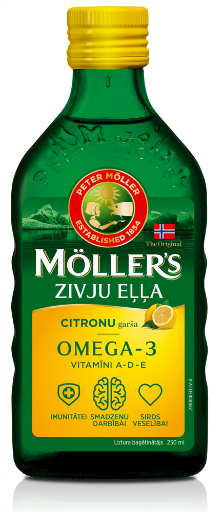 MÖLLER’S Omega-3 žuvų taukai, citrinų skonio, 250 ml