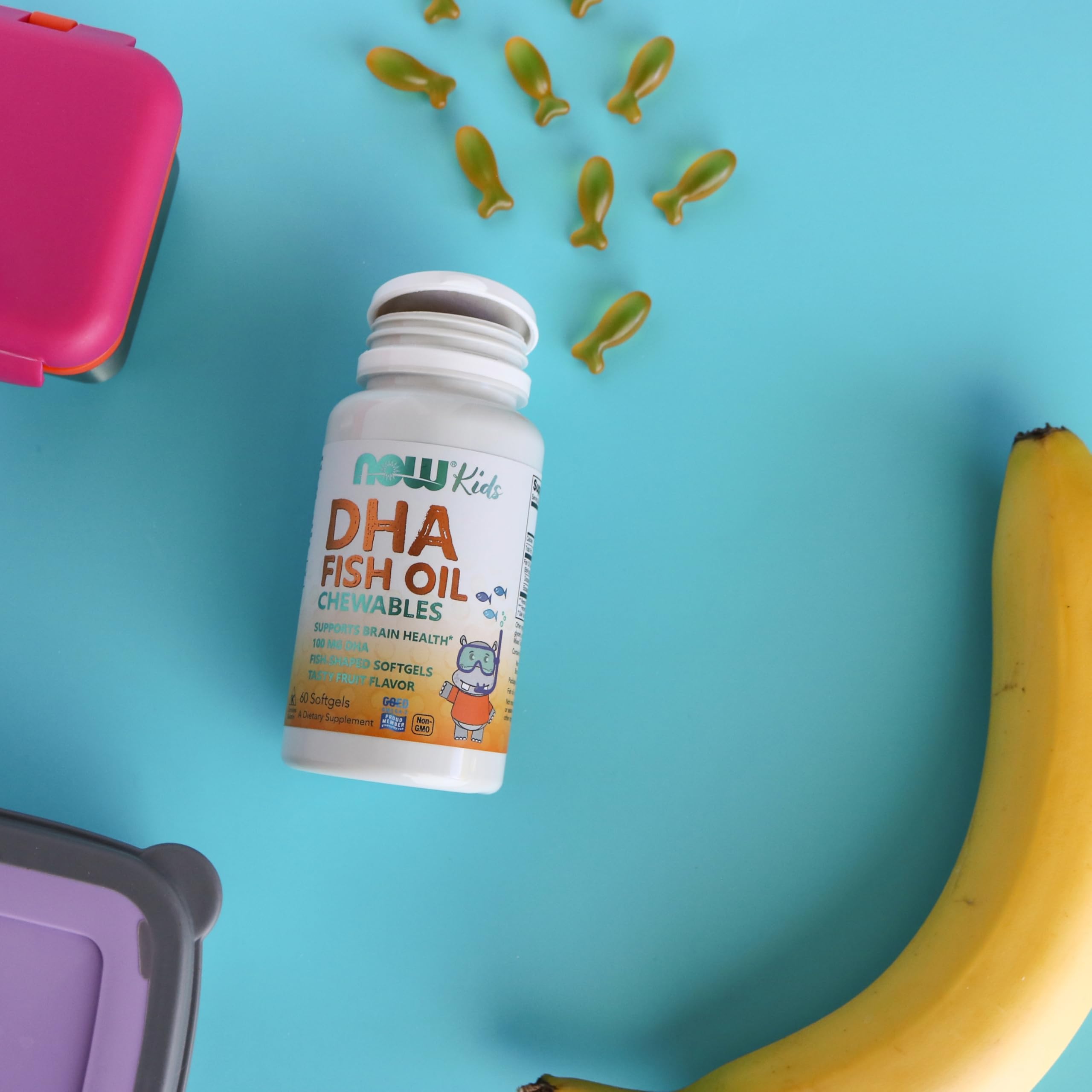 NOW Kids DHA Fish Oil Chewables 100 mg, 60 kramtomųjų kapsulių