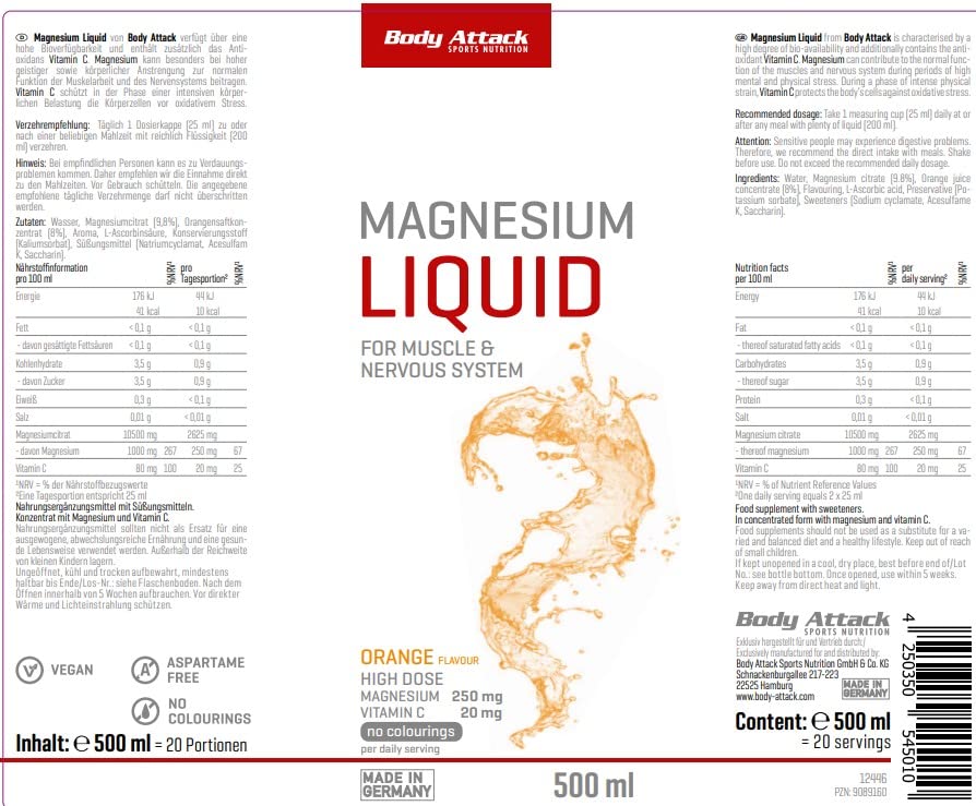 Body Attack Magnesium Liquid 500 ml apelsinų skonio