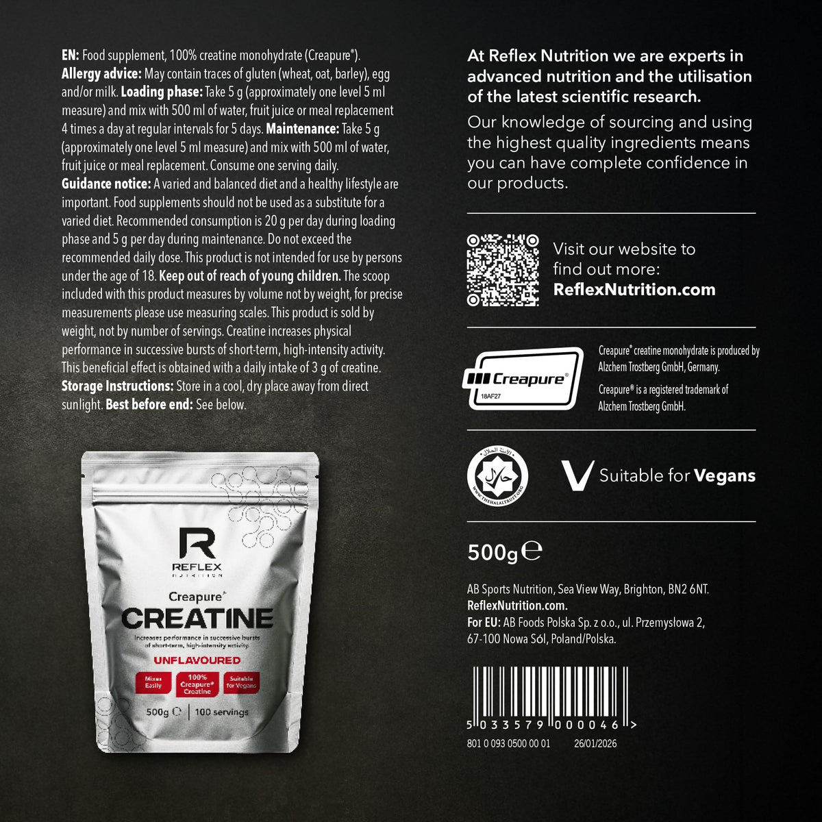 Reflex Nutrition Creapure® Creatine 500 g, 100 porcijų (be skonio)