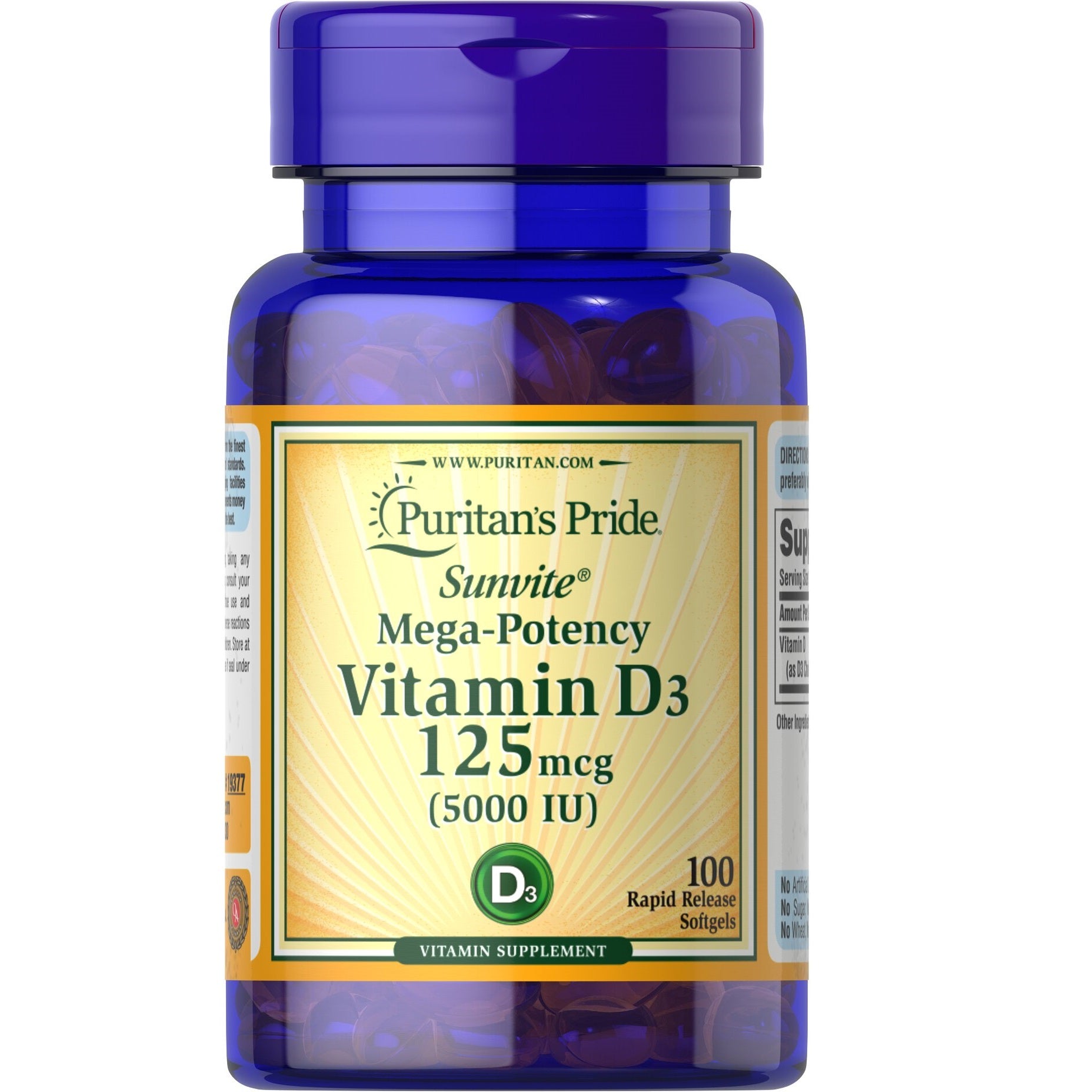 Puritan’s Pride Sunvite Mega-Potency Vitamin D3 125mcg (5000 IU) 100 rapid release Softgel
