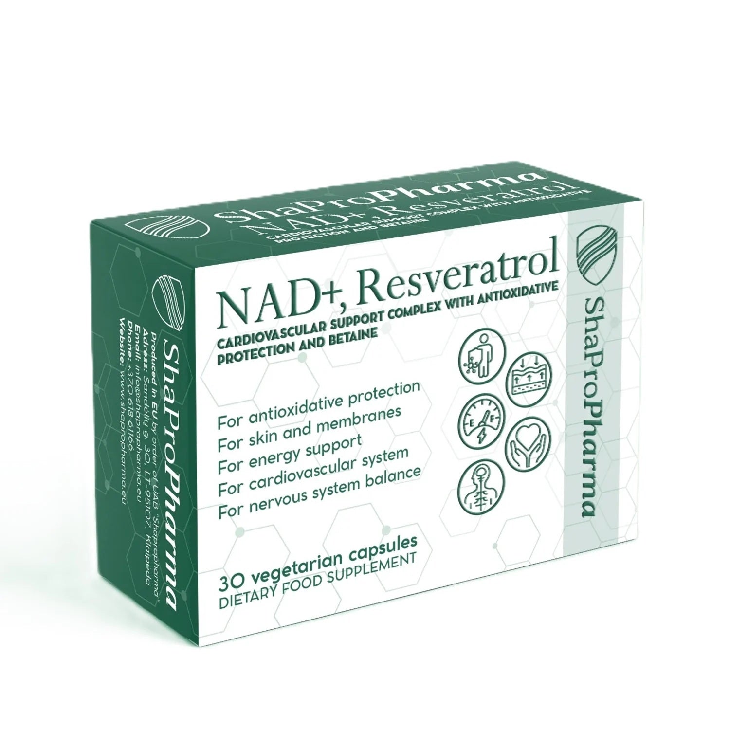 Shapropharma NAD+, Resveratrol un Betaine Complex - 30 veģetārās kapsulas