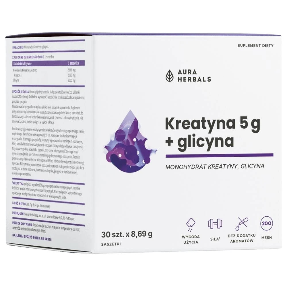 AURA HERBALS Creatine Monohydrate 5 g + Glycine – 30 pakelių
