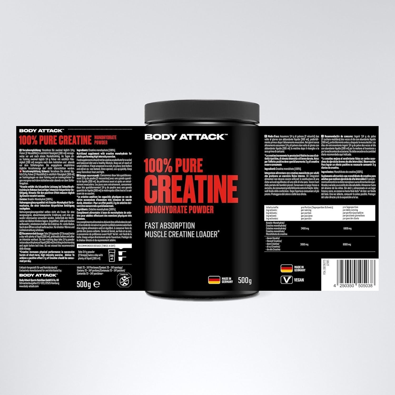 BODY ATTACK 100% Pure Creatine - 500g - Natural composition