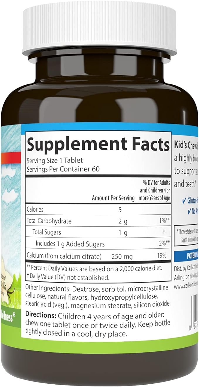 Carlson Labs Kid's Chewable Calcium, 250mg Natural Vanilla - 60 tablets composition