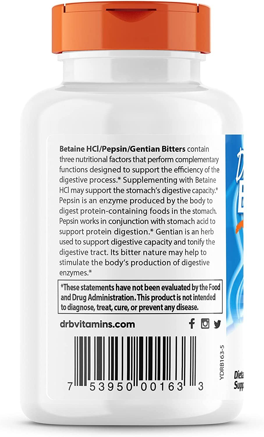 Doctor's Best Betaine HCl Pepsin & Gentian Bitters - 120 caps description