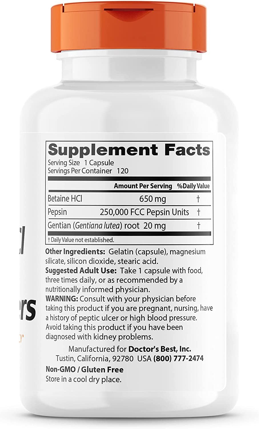 Doctor's Best Betaine HCl Pepsin & Gentian Bitters - 120 caps composition