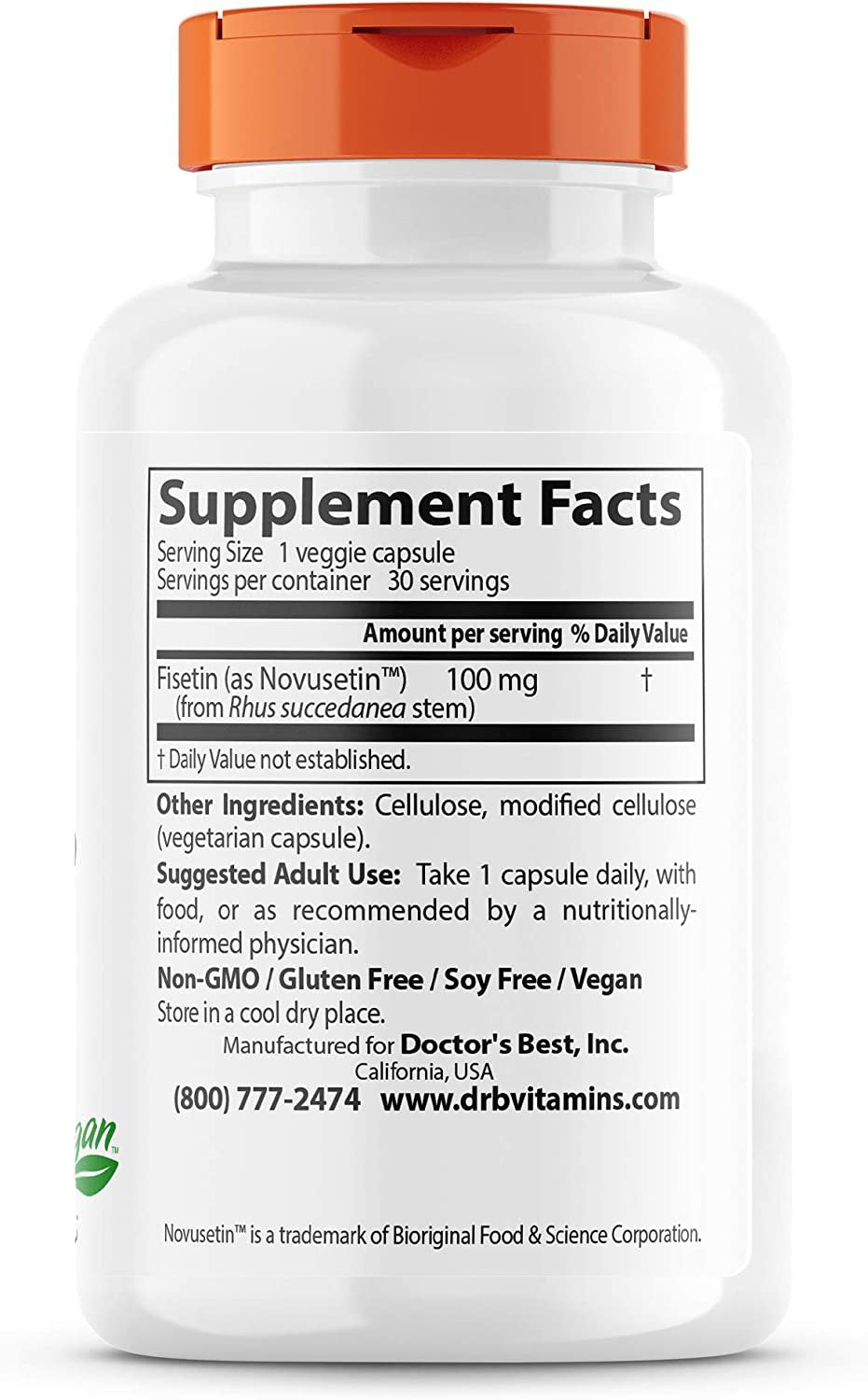 Doctor's Best Fisetin with Novusetin 100mg – 30 vcaps composition
