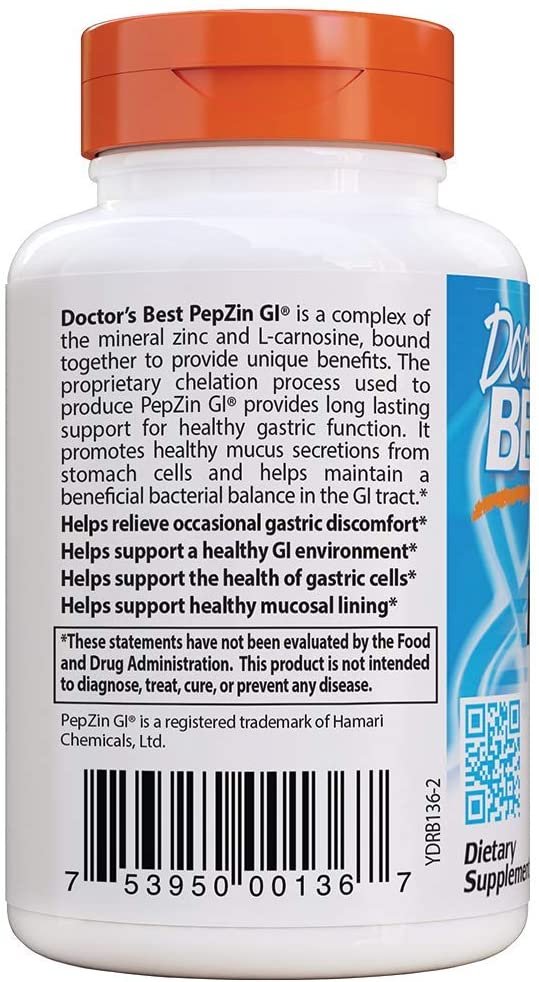 Description of Doctor's Best PepZin GI - 120 vcaps Zinc-L-Carnosine Complex