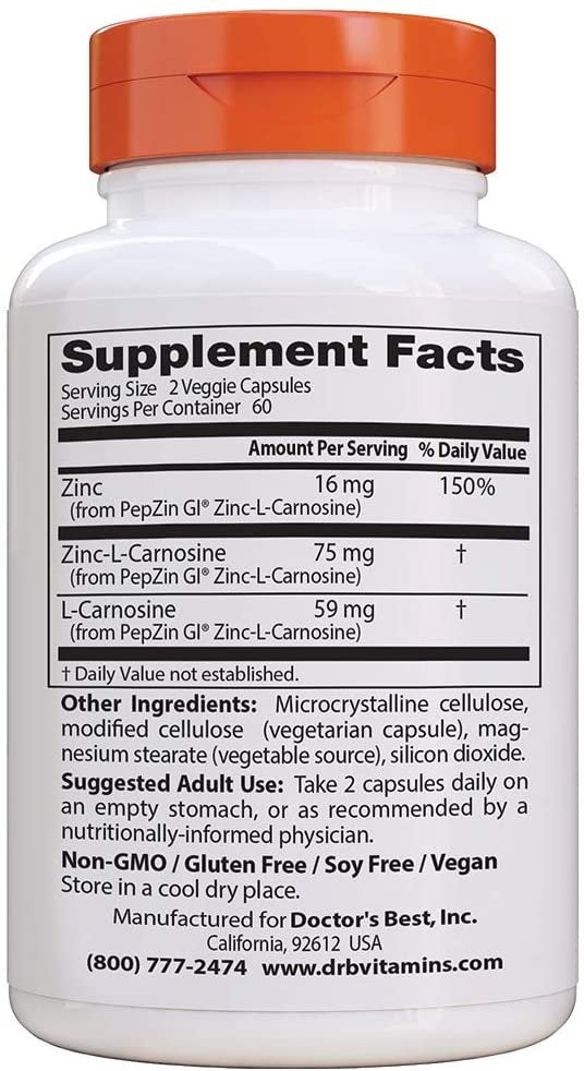 Doctor's Best PepZin GI - 120 vcaps Zinc-L-Carnosine Complex composition