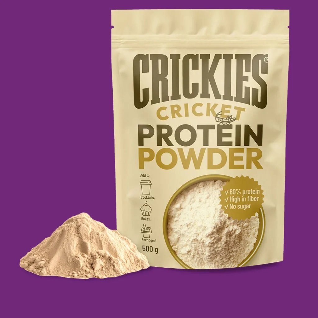 Džiovinti svirplių baltymų miltai CRICKIES 500gr, baneris