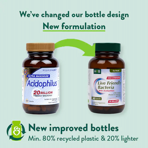 Holland & Barrett Ultra Maximum Acidophilus Live Friendly Baktērijas 20 miljardi 60 kapsulas jauna etiķete