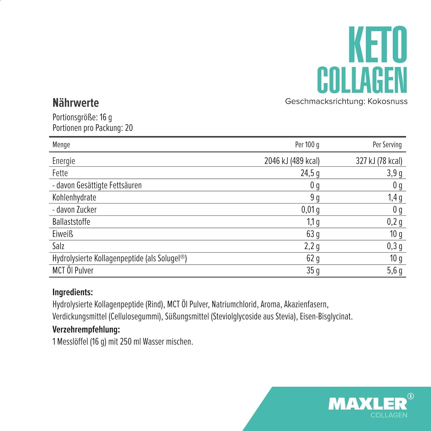 Maxler Keto Collagen Powder - Coconut - 320g composition