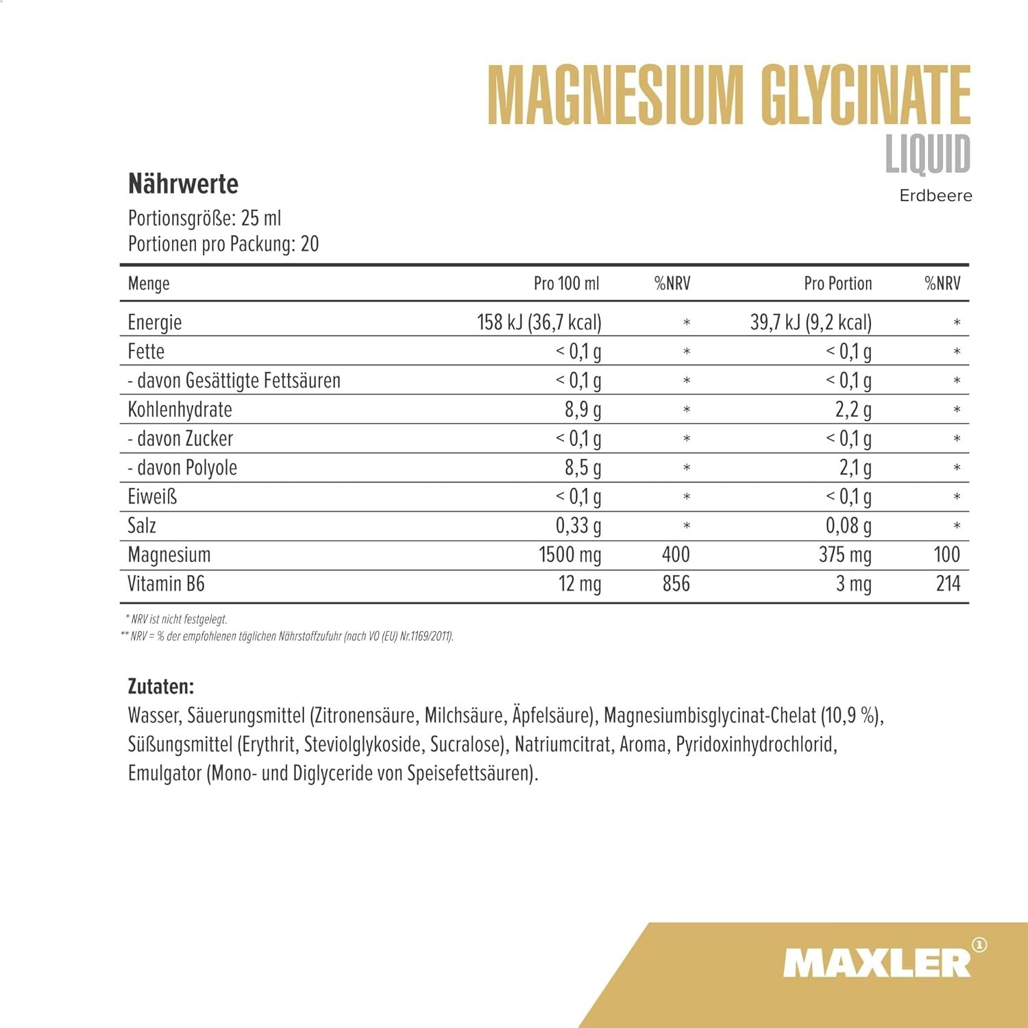 Maxler Magnesium Glycinate Liquid - 500 ml. composition