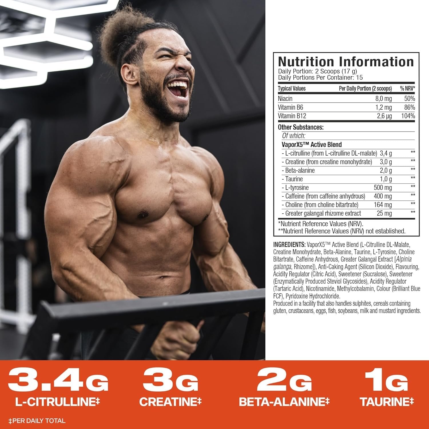 MuscleTech® VaporX5® pirms treniņa — fakti par 247–252 gramiem