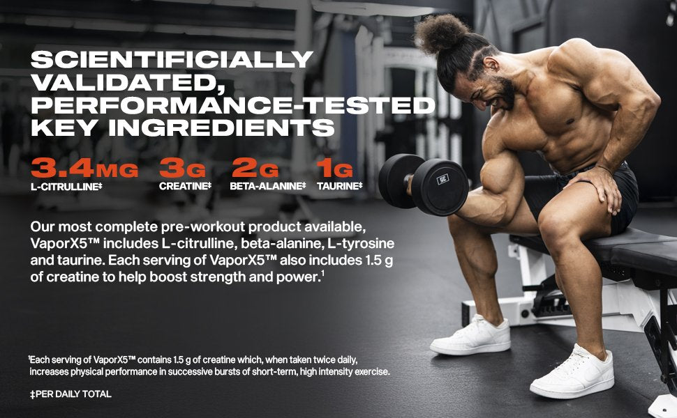 MuscleTech® VaporX5® pirms treniņa — 247–252 grami zinātne