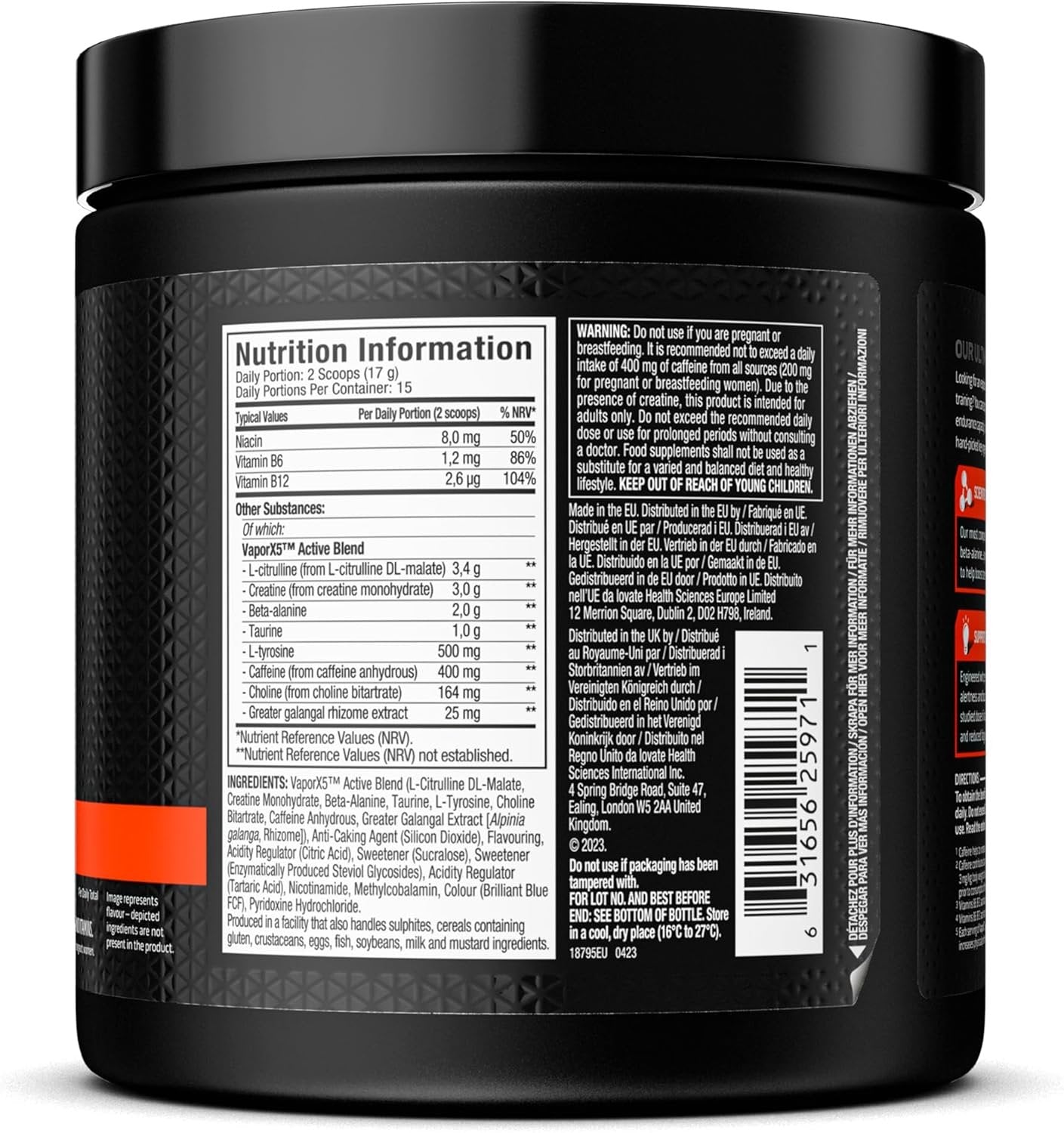 MuscleTech® VaporX5® pirms treniņa - 247 - 252 gramu sastāvs