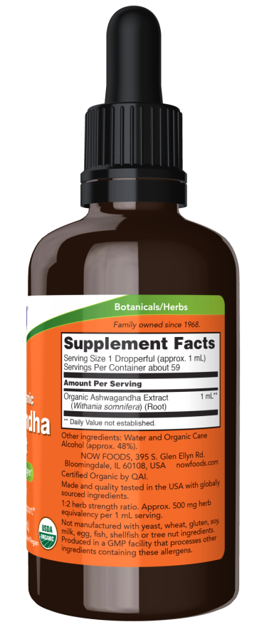 NOW Certified Organic Ashwagandha Extract 59ml composition