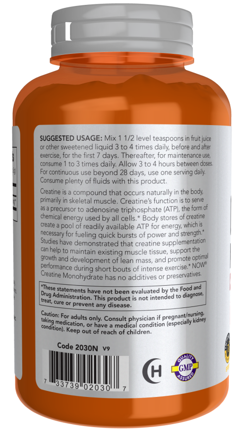 NOW Foods kreatīna monohidrāts, tīrs pulveris - 227 gramu patēriņš