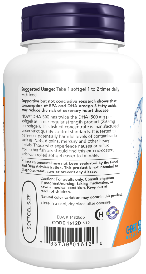 Consumption of NOW Foods DHA-500, 500 DHA- 250 EPA - 90 softgels