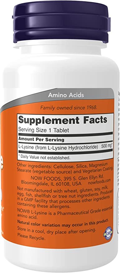 Composition of NOW Foods L-Lysine, 500 mg, 100 Tablets