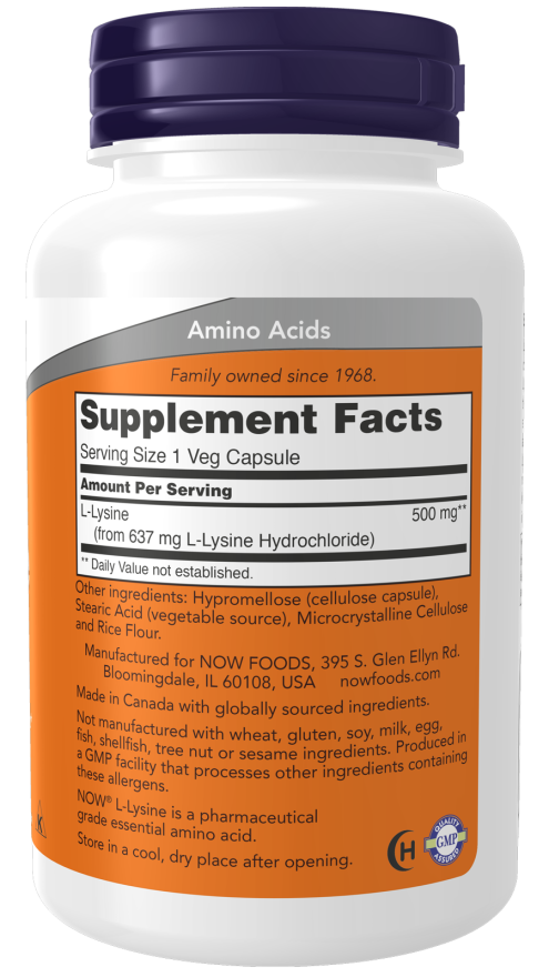 NOW Foods L-Lizīns - 500mg - 100 vcaps sastāvs