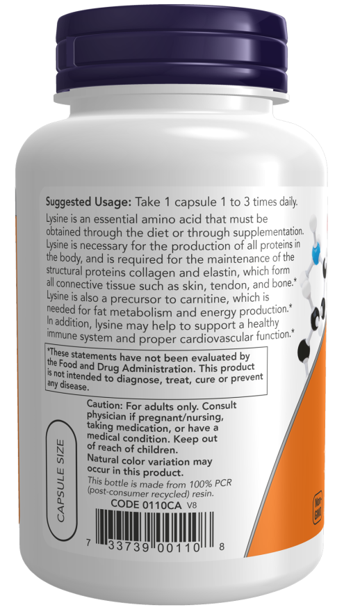 NOW Foods L-lizīna lietošana - 500 mg - 100 vcaps