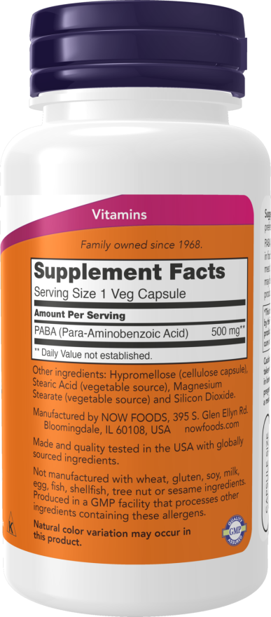 NOW Foods PABA 500mg 100caps composition