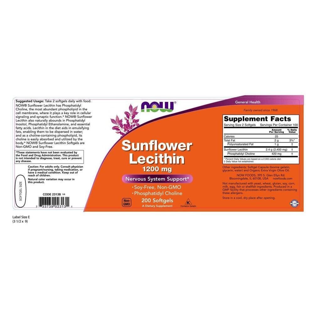 Now Foods Sunflower Lecithin 1200 mg 200 Softgels label