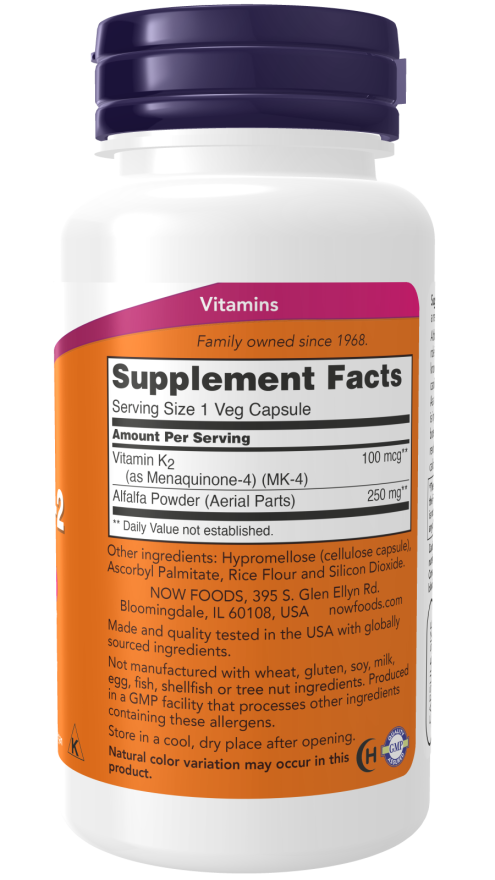 NOW Foods Vitamīns K-2 100mcg 100kapsulas papildināt faktus