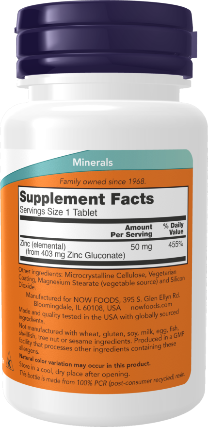 Now Foods Zinc Gluconate 50mg 100 tabs sastāvs