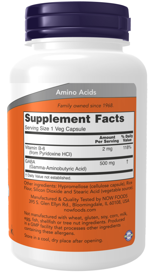 NOW GABA 500mg 100 Veg. Capsules (100 servings). composition