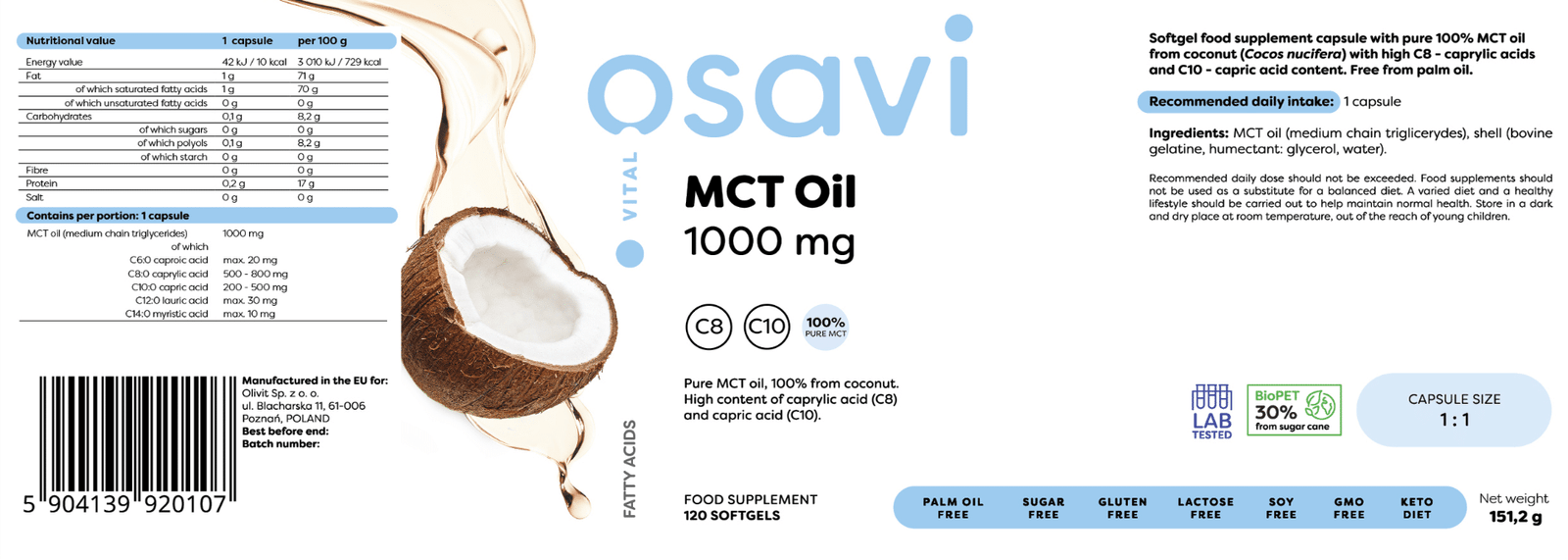 Osavi MCT Oil 1000mg 120 softgels label