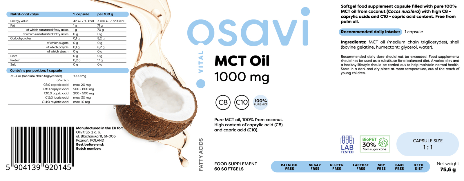 Osavi MCT Oil 1000mg 60 softgels label