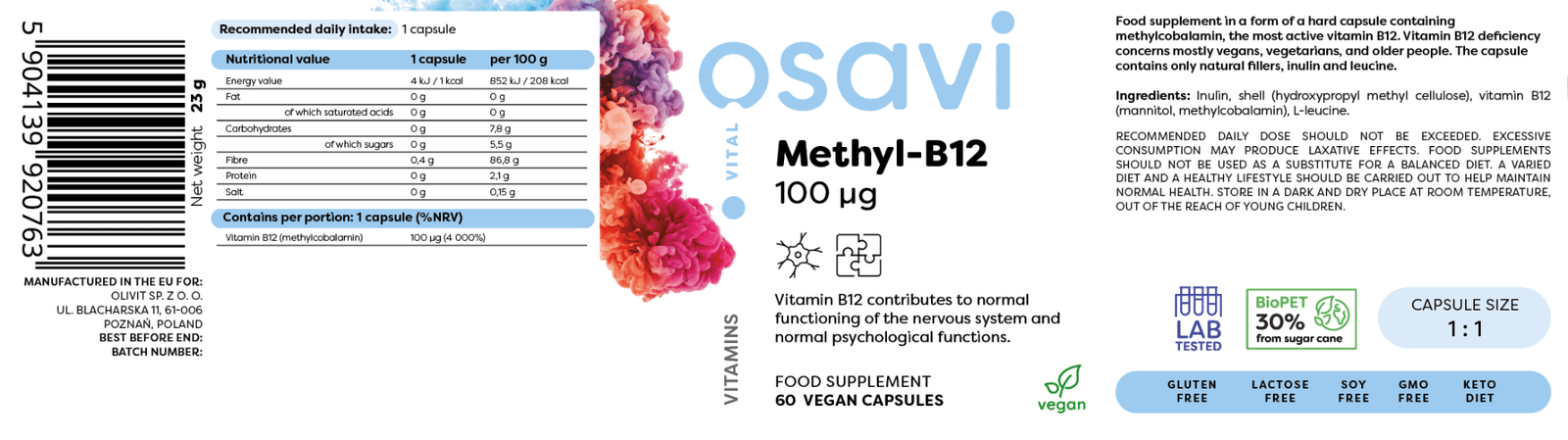 Osavi Methyl-B12 100mcg 60 vegan capsules label