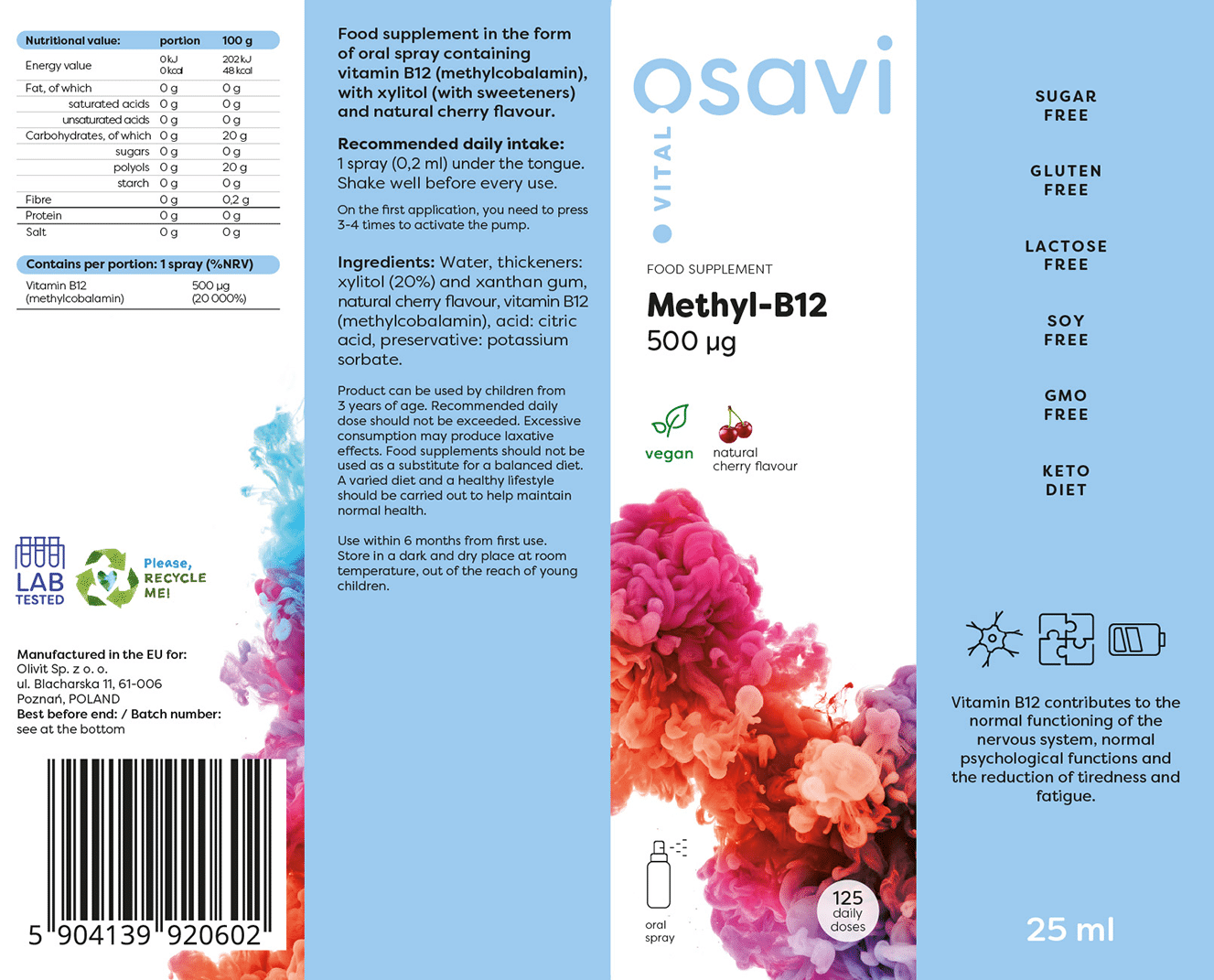 Osavi Methyl-B12 Oral Spray 500mcg 25ml - Cherry label