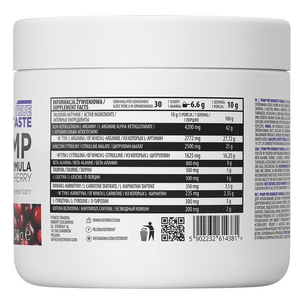 OstroVit PUMP Pre-Workout Formula 300 g JAUNA FORMULA ķiršu sastāvs