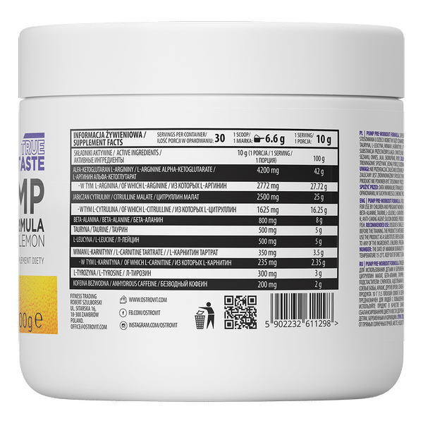 OstroVit PUMP Pre-Workout Formula 300 g NEW FORMULA citrona sastāvs