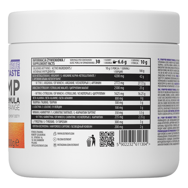 OstroVit PUMP Pre-Workout Formula 300 g JAUNA FORMULA apelsīnu sastāvs