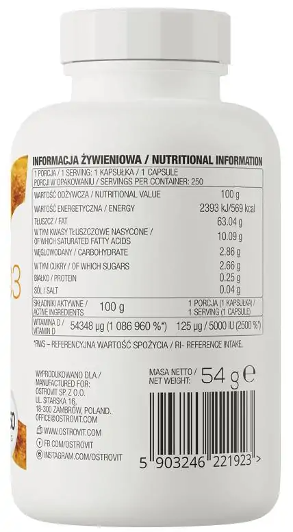 Composition of OstroVit VITAMIN D3 5000 softgels 250 caps