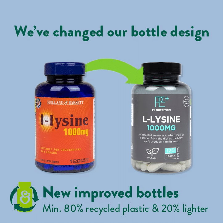 PE Nutrition L-Lysine 1000mg 120 Tablets in new packaging