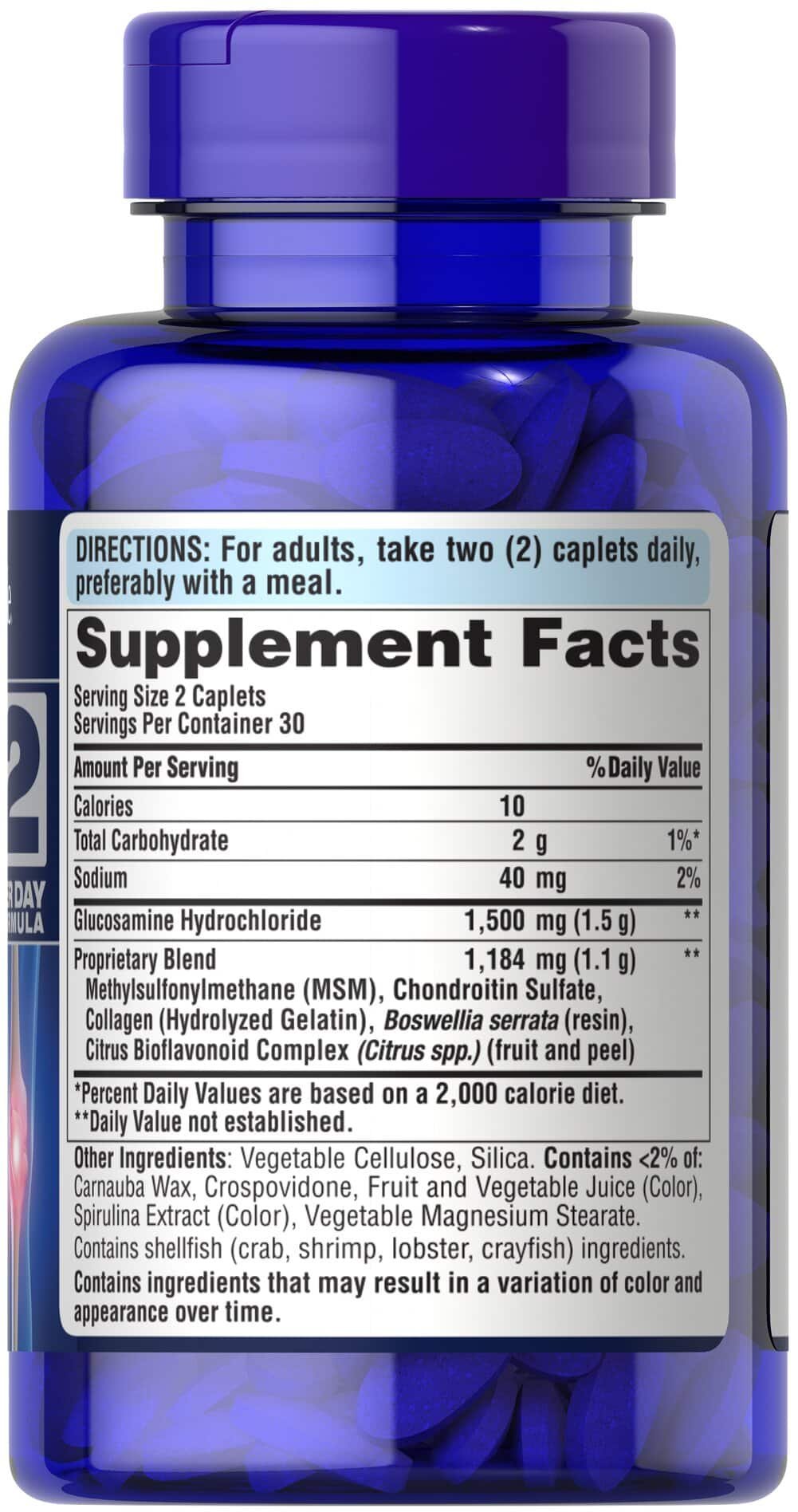Puritan's Pride Glucosamine, Chondroitin & MSM - 2 Per Day Formula 60 coated caplets composition