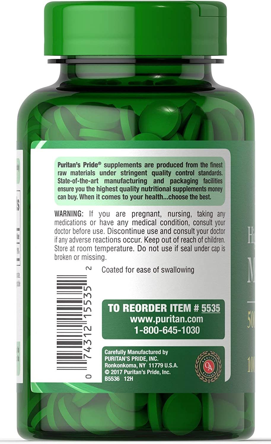 Puritan's Pride augstas iedarbības magnija lietošana - 500 mg - 100 tab.