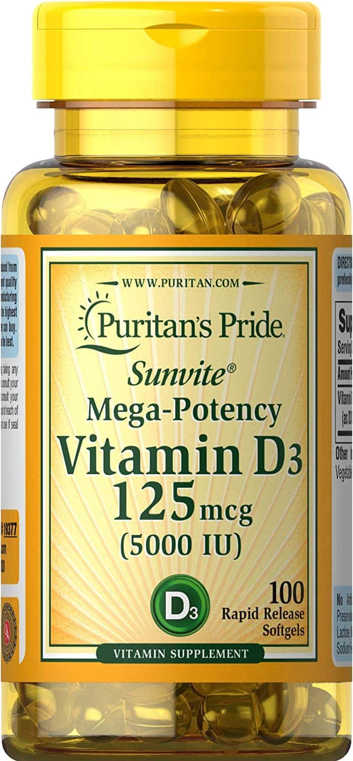 Puritan's Pride Sunvite Mega-Potency Vitamīns D3 125mcg (5000 IU) 100 ātras darbības Softgel cenu akcija