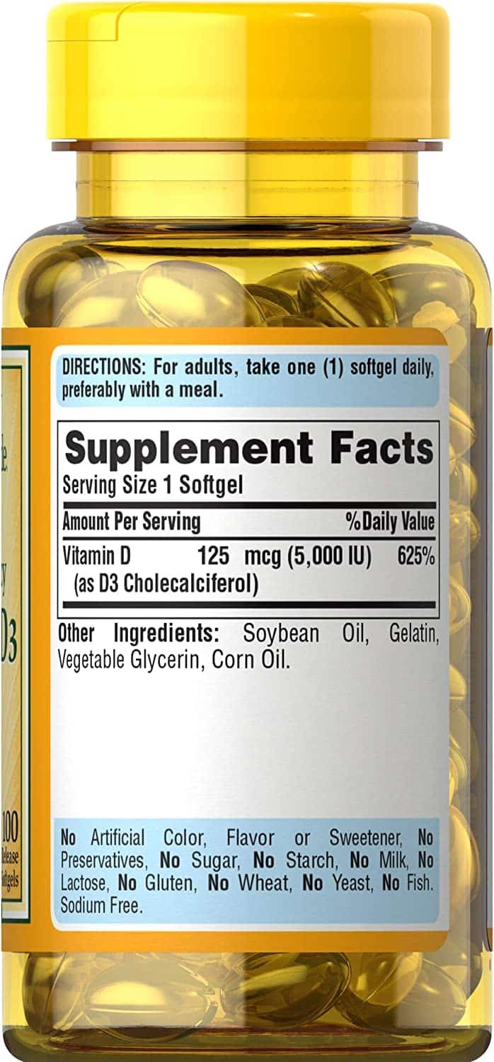 Puritan's Pride Sunvite Mega-Potency Vitamīns D3 125mcg (5000 IU) 100 ātras darbības Softgel sastāvs